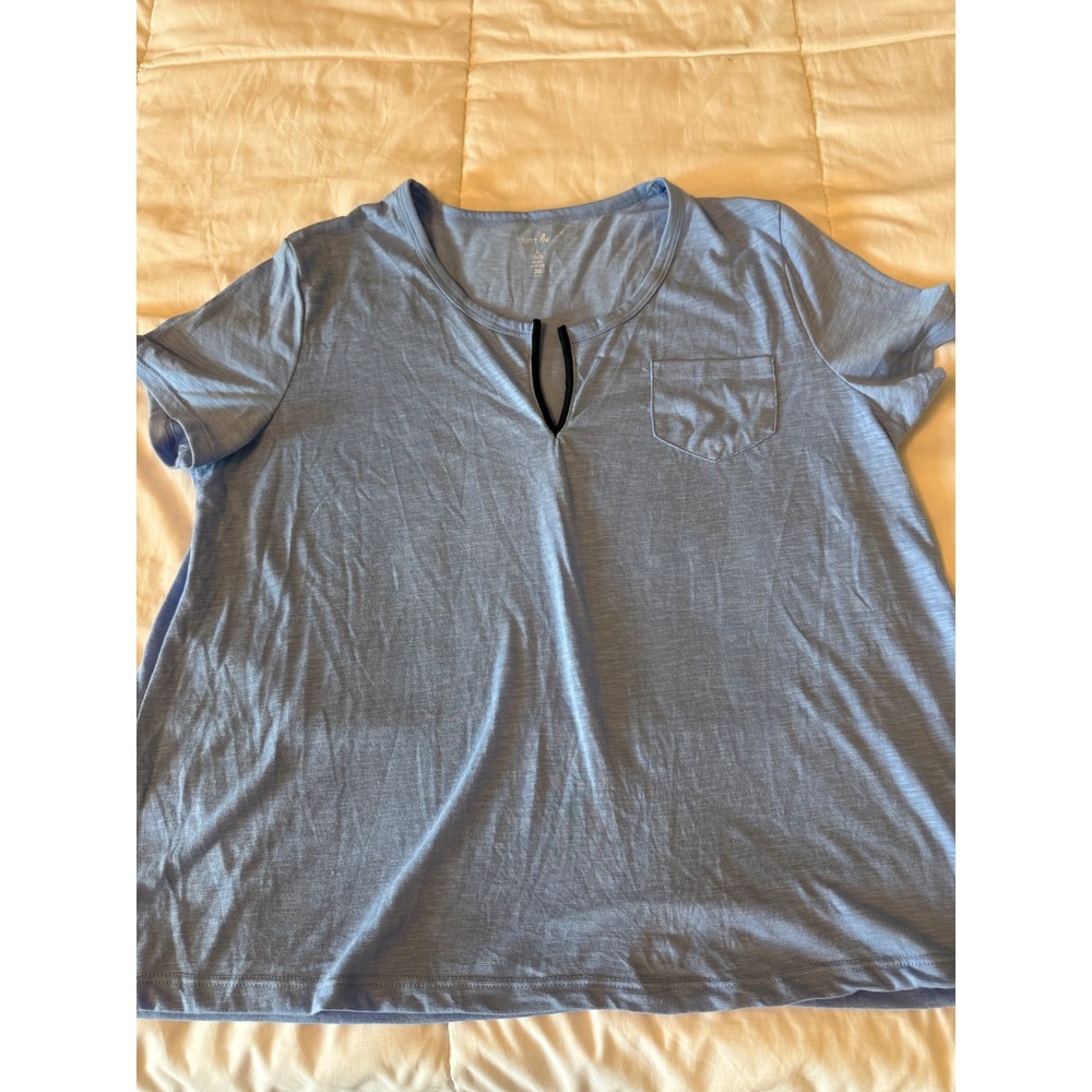 Just Be Womens Blue Slub Knit Short Sleeve Split Neck Pocket T-Shirt Size L